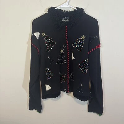 Cardigã Berek M preto suéter de Natal joia com miçangas vintage brilho Ramie - Imagem 1 de 4