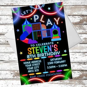 PERSONALISED SOFT PLAY NEON BOYS BIRTHDAY PARTY INVITATIONS WITH ENVELOPES. - Picture 1 of 1