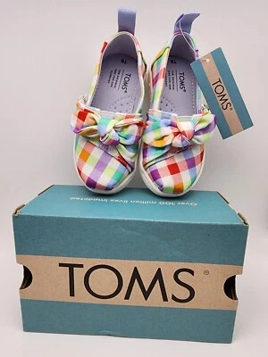 TOMS Toddler Girl Tiny Sz 6 Alpargata Multi Color Summer Plaid/ Knotty Bow NWT - Image 1 of 4