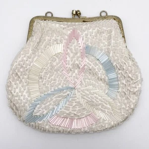 Vintage Purse Beaded Design Cream Pink & Blue Colors Faux Satin 60s - Picture 1 of 4