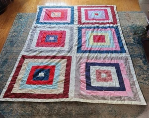 Vintage Log Cabin Quilt Handmade/Handstitched Multicolor Quilt / 94” x 66” - Picture 1 of 11