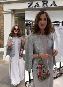 Zara Silver Sequin Blazer Cape Kimono Poncho Jacket Size S ASO Trinny Celeb Blog - Picture 1 of 14