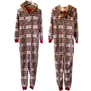 NEW RUDOLPH Print Hooded One Piece Pajama Suit Red White Size Small Christmas - Picture 1 of 2