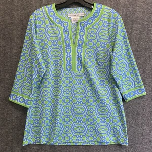 Gretchen Scott Jersey Split Neck Tunic Top Women M Blue Piazza Stretch Pullover - Picture 1 of 8