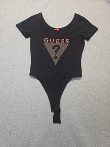 Guess Bodysuit Women's Size Small Black W/ Red Spell Out Gold Shiny Logo - Picture 1 of 10