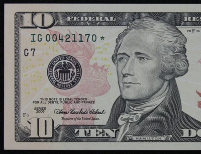 $10 2006 Gem CU Star Federal Reserve Note IG00421170* ten dollar, Chicago, 640K - Image 1 of 3