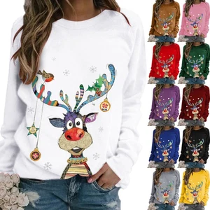 Damen Freizeit Weihnachts Pullover Lange Ärmel Sweatshirt Rundhalsausschnitt - Bild 1 von 19