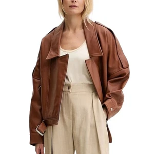 Oversized braune Leder Motorradjacke für Damen - Relaxed Fit Biker Style Jacke - Bild 1 von 4