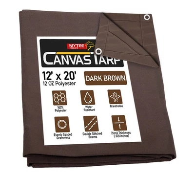 MYTEE PRODUCTS 12' x 20' Dark Brown Canvas Tarp 12oz Water Resistant Heavy Duty Camping Tarps