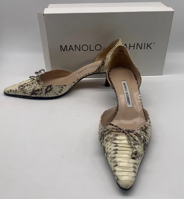 Zapatos de tacón Manolo Blahnik de cuero de reptil blanco roto D'Orsay Kitten 39 (RE_SOLED) Foto 1 de 4