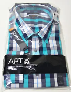 Apt 9 Stretch Slim Fit Mens Dress Shirt 18 34/35 Aqua Blue Landmark Plaid - Picture 1 of 2
