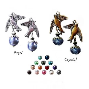 Earrings peace dove charm drop, choose pearl or crystal, color and fittings - Picture 1 of 19