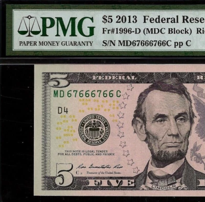 2013 $5 Federal Reserve Note PMG 66EPQ - Repeater Serial Number 67666766 - Image 1 of 4