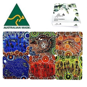 Australia Made Coaster Set of 6 Cork Aboriginal Art Hunters Gatherers Souvenir - Picture 1 of 9