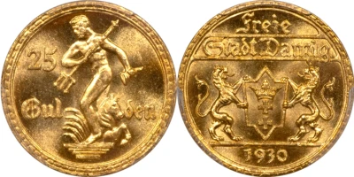 Danzig Free City 1930 oro 25 florines graduación profesional MS-64 ¡Baja acuñación!! Foto 1 de 4