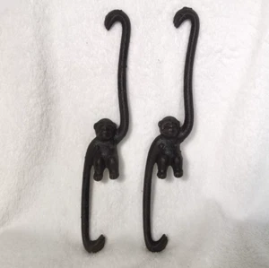 Pair of Vintage Cast Iron Monkey Wall Hooks – Japan Marked – Hanging Arm Design - Picture 1 of 7