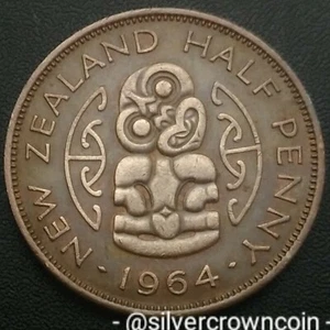 New Zealand Half Penny 1964. KM#23.2. 1/2 Cent Coin. Elizabeth ll. Hei Tiki. D - Picture 1 of 7
