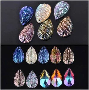 10pcs 2 Holes Faceted Flatback Resin Teardrop Rhinestones Beads Sewing Buttons - Picture 1 of 21