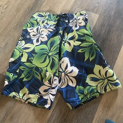 Hang Ten Swim Trunks Bottoms Boys Size Small Tropical Print Green Blue - Imagem 1 de 4