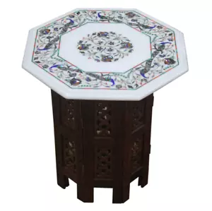 100% Genuine 24" White Marble Inlay Table, Marquetry Peacock Design Pietra Dura - Picture 1 of 12