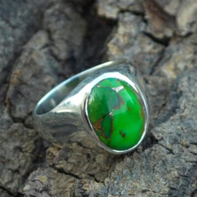 Solid 925 Sterling Silver Natural Copper Turquoise Gemstone Wedding Men's Ring - Image 1 of 4