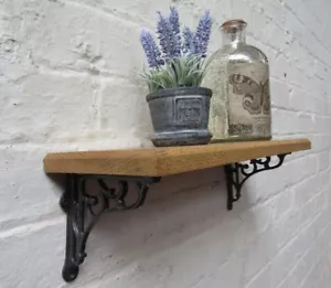 SOLID OAK WOOD HANDMADE SHELVES rustic wooden Shelf cast iron shelf brackets - Picture 1 of 7