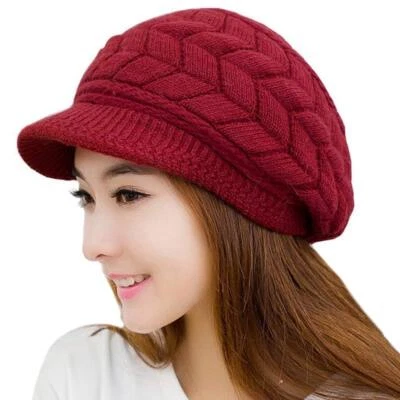 Womens Winter Beanie Hat Warm Knitted Slouchy Wool Hats Cap with Visor Wine Red - Image 1 of 4