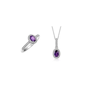 RYLOS 14K White Gold Halo Necklace & Matching Ring Set with Gemstones & Diamonds - Picture 1 of 29