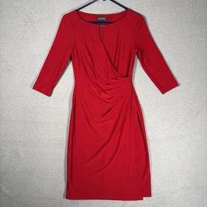 Lauren Ralph Lauren Faux Wickel Cocktailkleid Damen Größe 2 Rot Schlüsselloch Brustumfang - Bild 1 von 15