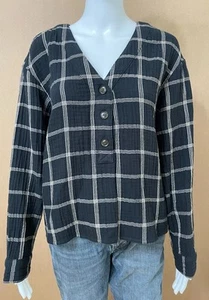Madewell Lightspun Evert Women's Top Black M Windowpane Plaid Button Front - Picture 1 of 8