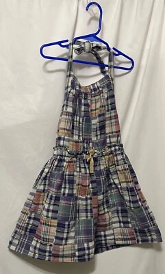 CREWCUTS Girls 10 Patchwork Plaid Halter Paper Bag Waist Short Dress Blue Red 6 - Image 1 of 4
