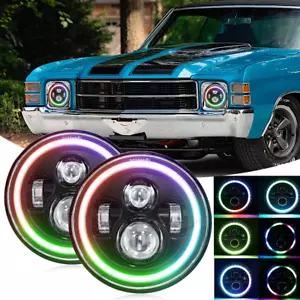 Pair 7inch Round RGB Halo LED Headlights HI/LO For Chevy Chevelle 1971 1972 1973 - Foto 1 di 12