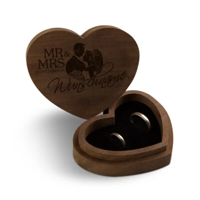 Hochzeit Ringbox Ringkissen Herz individuell 10x8,5cm Kebony Holz - Mr & Mrs - Bild 1 von 4
