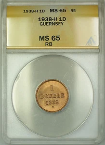 1938-H Guernsey 1D Double Copper Coin ANACS MS-65 RB Red-Brown Gem BU - Picture 1 of 2