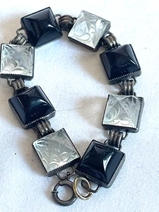 1930'S FRENCH ANTIQUE STERLING SILVER CARVED ROCK CRYSTAL ONYX BRACELET - Picture 1 of 5