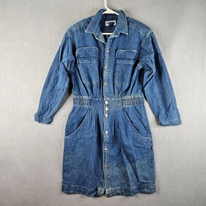 Vestido vaquero vintage Bloomingdales para mujer talla 8 azul denim hombreras años 80 elegante - Imagen 1 de 9