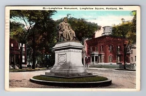 Portland ME-Maine, Longfellow Monument & Square, Vintage c1923 Souvenir Postkarte - Bild 1 von 2