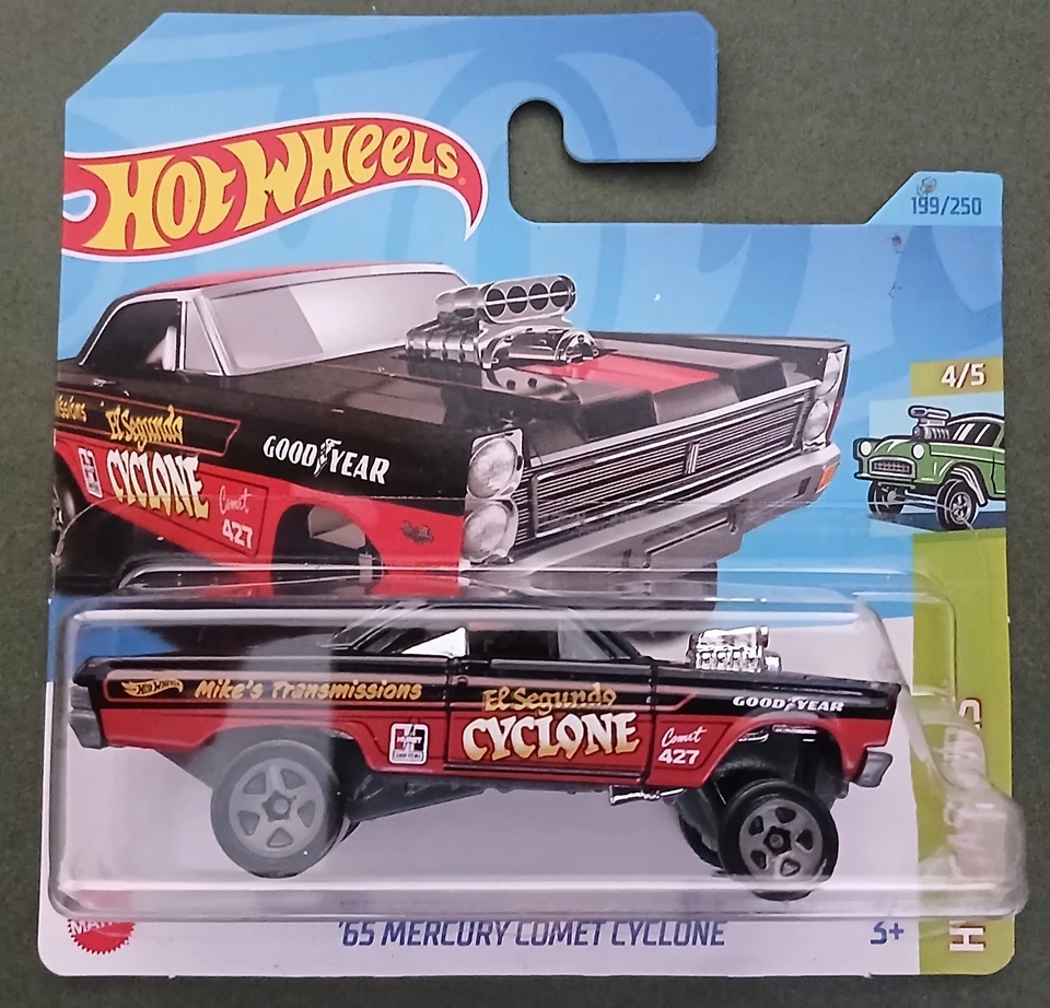 Hot Wheels 2023 '65 Mercury Comet Cyclone, negro/rojo, tarjeta corta. Foto 1 de 1