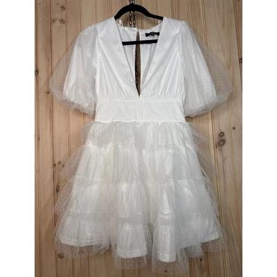 NWT Lulus Dramatic Poise White Dot Tulle Puff Sleeve Tiered Mini Dress Size S - Image 1 of 4