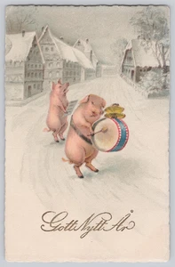 Whimsical 1912 Pig Parade Postcard – Marching Pigs with Drum - Picture 1 of 3