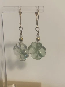 Vintage 14K helle Jade 4 Blatt Kleeblatt 2" Ohrhänger #Y0092 - Bild 1 von 2