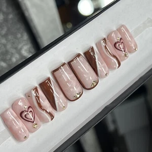 💕 CUSTOM Gel Press On Nails, MARBLE PINK HEART W BLING  10p FULL SET W Kit - Picture 1 of 9