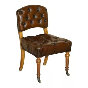 ANTIQUE REGENCY 1820 BROWN LEATHER POLLARD OAK CHESTERFIELD OFFICE DESK CHAIR - Picture 1 of 11