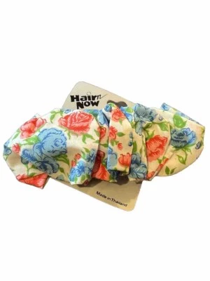 VTG Pink Blue Hair Barrette Scrunchie Clip Cottagecore Roses Accessory Fabric - Image 1 of 4