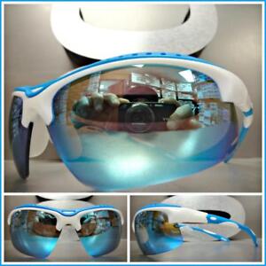 Men's WRAP AROUND SPORTY CYCLING SUN GLASSES White & Blue Frame Blue Mirror Lens