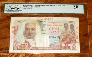 Guadeloupe P-35 100 Francs ND(1947/49) VF Legacy 25 FRENCH FRANCE COLONIAL NOTE - Picture 1 of 4
