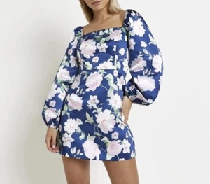 Brand New River Island Petite Blue Floral Mini Dress Size 6 - Picture 1 of 3