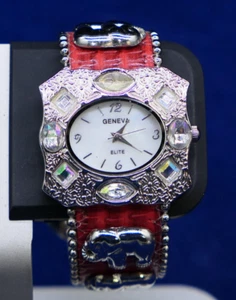 GENEVA ELITE BELT DESIGN WATCH COVERED IN CRYSTALS - PINK BAND ELEPHANTS - Picture 1 of 13