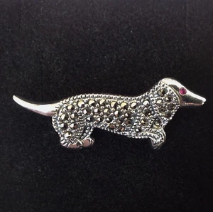 1920s Art Deco Dachshund Sausage Dog Sterling Silver Marcasite Ruby Brooch Pin - Picture 1 of 12