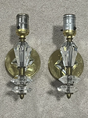 Pair Of Nice Vintage Brass Wall Sconces W Crystals Plug In Wiring Cover